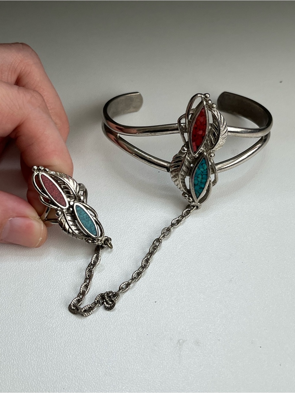 Vintage Slave Bracelet Attached Ring Chain Silver Tone Southwest Boho